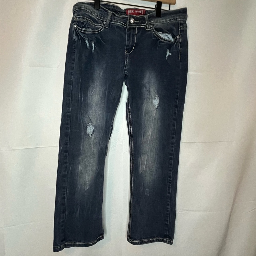 Red Rivet Women's Distressed Capris - Dark Blue